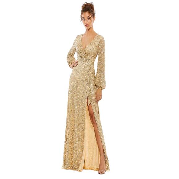 NWT Mac Duggal Champagne Gown Women's Size 16 Full Length 5213 Sequin Slit NEW - Picture 1 of 16